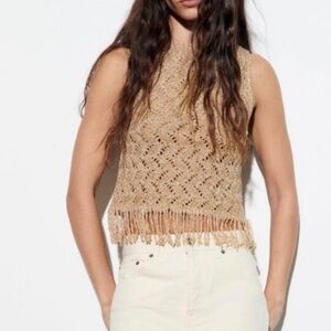 Zara Metallic Gold Thread Fringed Knit Top Size: Small